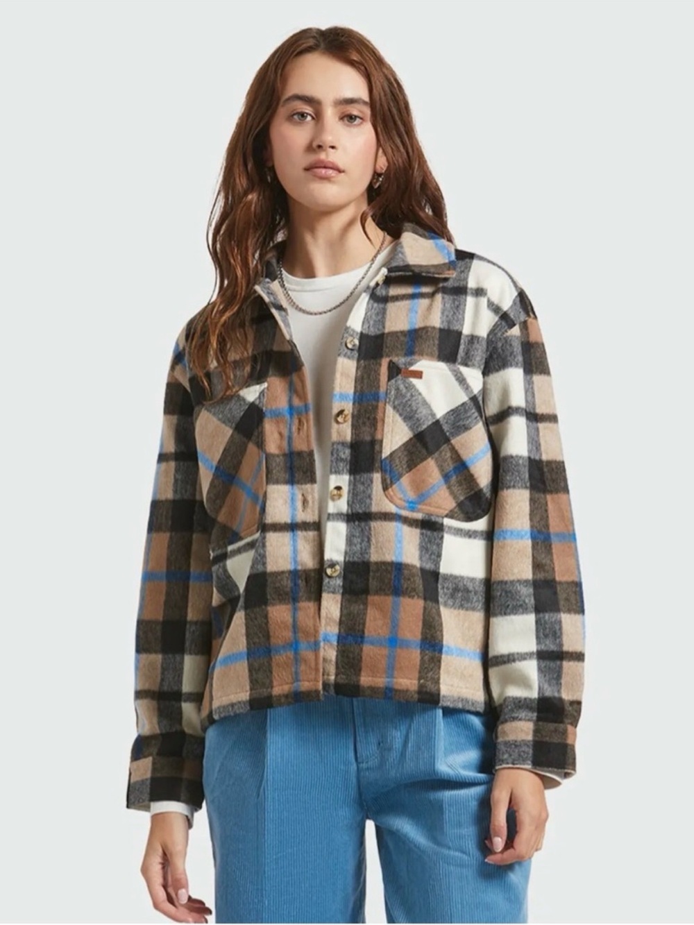 Brixton Bowery Plaid Utility Shacket in Brown, Cream and Blue